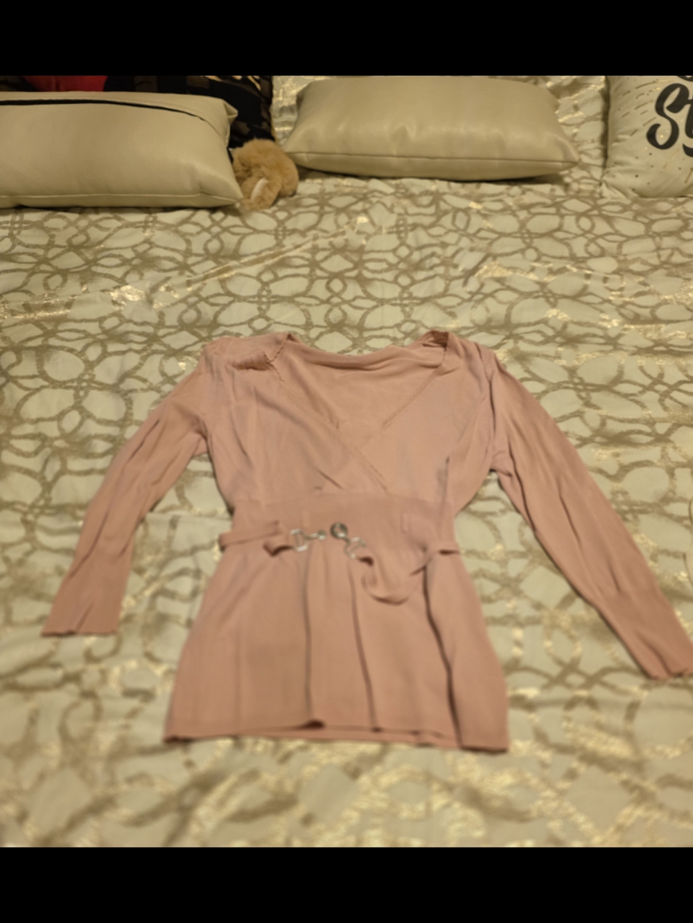 Women's Blush Pink Long-Sleeve Wrap Tie Top